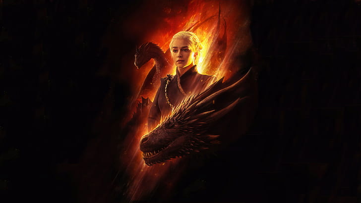 Game of Thrones, Daenerys Targaryen, Emilia Clarke, smok, grafika, fan art, kobiety, ogień, fantasy art, Tapety HD