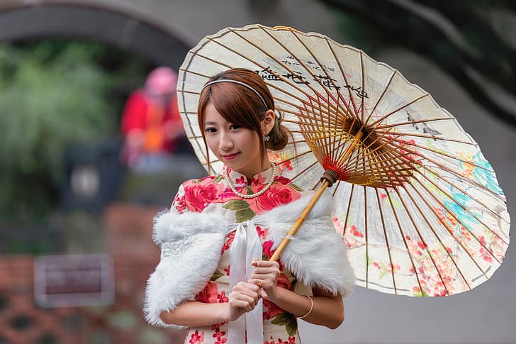 Asiatica, modella, donna, capelli lunghi, capelli scuri, ombrello giapponese, Sfondo HD