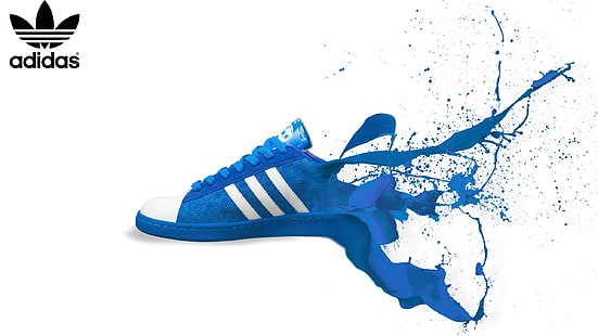 unpaired blue adidas low-top lace-up shoe, Adidas, shoes, paint splatter, HD wallpaper HD wallpaper