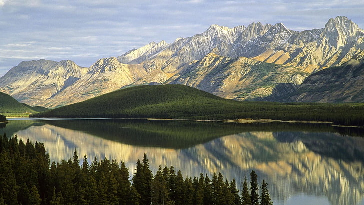 отражение, Кананаскис, Алберта, езеро, планина, Канада, преливник езеро, планински пейзаж, небе, планинска верига, фиорд, HD тапет