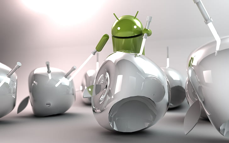 Android Cutting Apple, логотип Android, фэнтези Android, смешно, бой Android, логотип Android, технология, HD обои