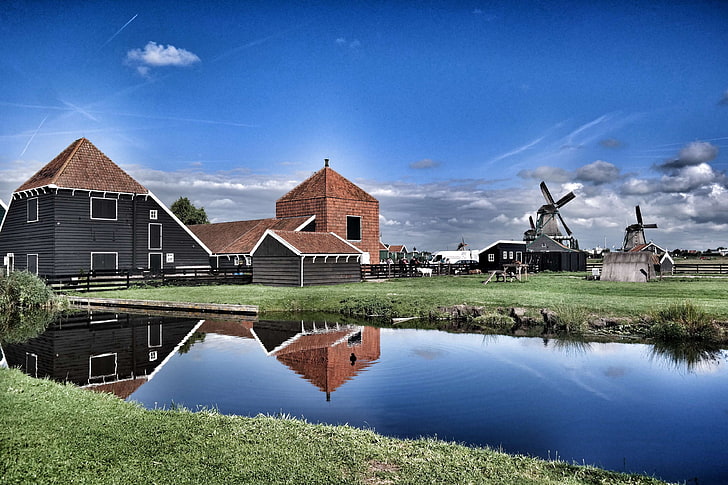 agriculture, architecture, barn, building, cloud, countryside, daylight, farm, fence, grass, grassland, home, house, lake, landscape, lawn, mill, outdoors, reflection, rural, scenic, summer, travel, water, windmills, woo, HD wallpaper