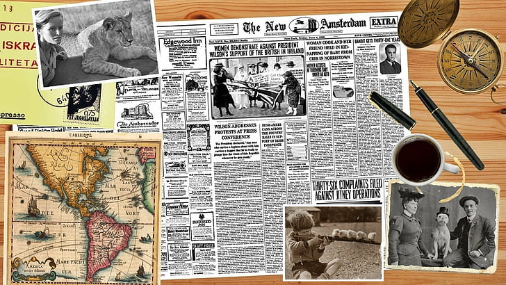 صحف طاولة صور قديمة بوصلة خريطة اقلام قهوة، خلفية HD