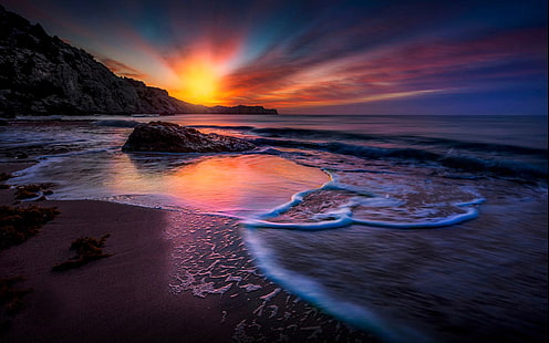 Ajaib Sunset Sky Dengan Red Cloud Beach Gelombang Laut Wallpaper Hd Untuk Ponsel Dan Laptop, Wallpaper HD HD wallpaper