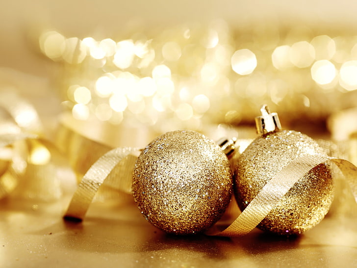 two gold baubles, holiday, Christmas, Christmas ornaments, gold, lights, HD wallpaper
