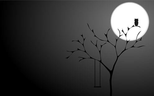 сова на безлистном дереве постер, ночь, фон, дерево, сова, луна, черный, минимализм, полная луна, HD обои HD wallpaper