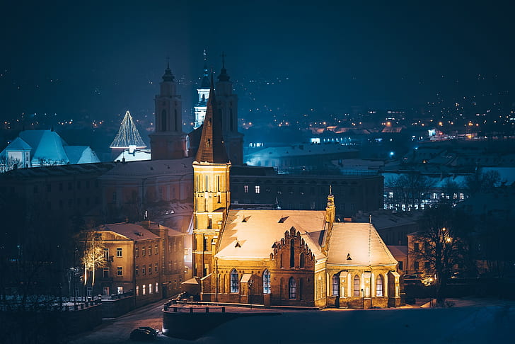noche, la ciudad, Lituania, Kaunas, Fondo de pantalla HD