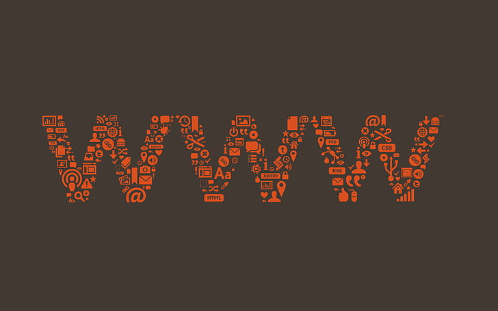 オレンジと茶色のwwwテキストイラスト、webデザイン、インターネット、アイコン、タイポグラフィ、シンプルな背景、 HDデスクトップの壁紙