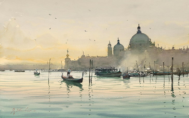 kota, gondola, lukisan, laut, Venesia, Wallpaper HD