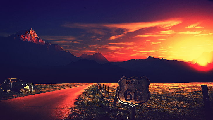 Route US 66 signage, road, Route 66, USA, California, desert, sand, HD wallpaper