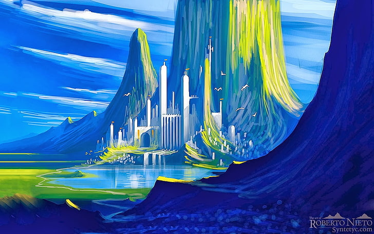 castillo blanco y gris cerca del cuerpo de agua, arte de fantasía, ciudad de fantasía, Fondo de pantalla HD
