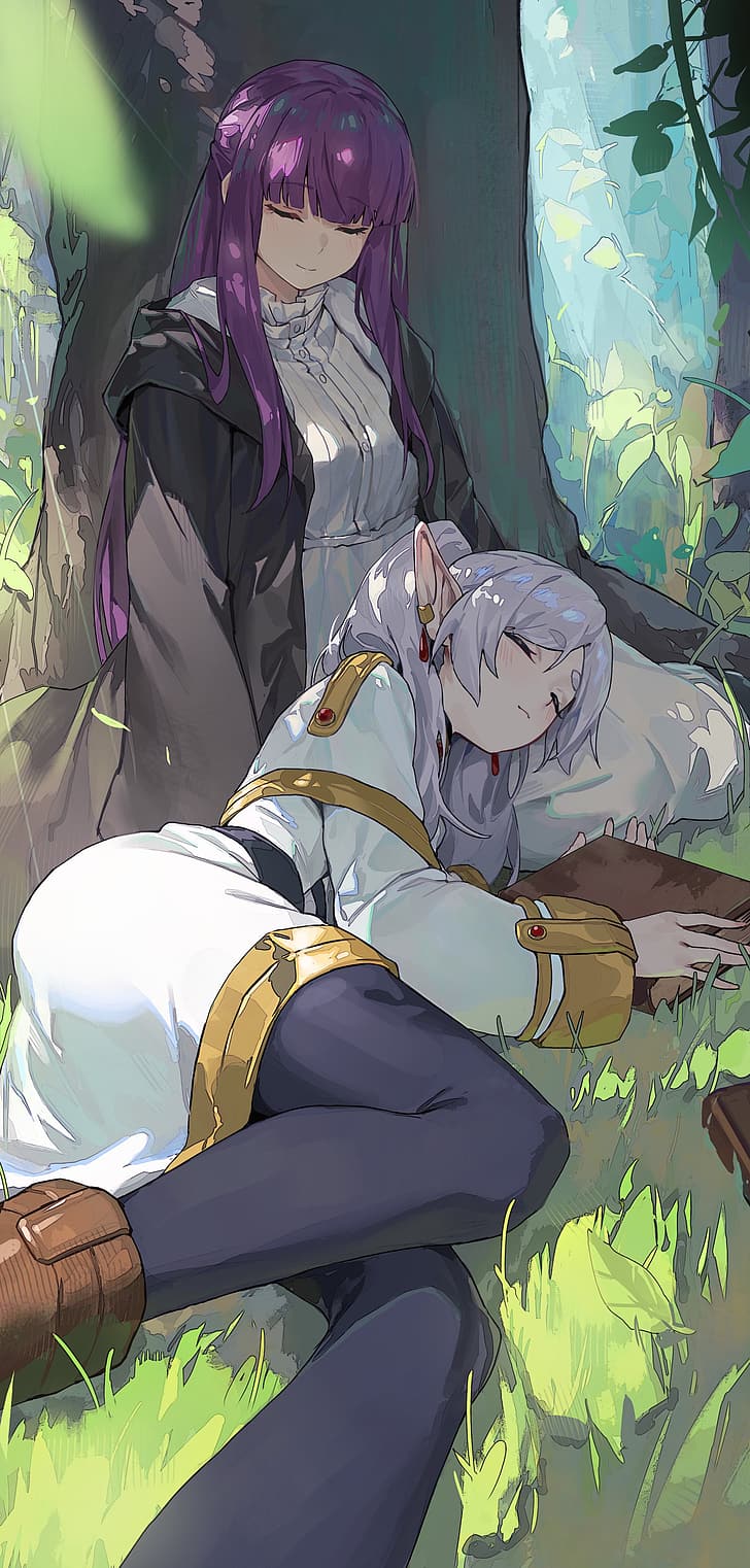 Sousou No Frieren, elves, portrait display, anime girls, Frieren (Sousou no Frieren), Fern (Sousou No Frieren), two women, purple eyes, white hair, pointy ears, closed eyes, long hair, sleeping, pantyhose, forest, long sleeves, lying down, nature, women indoors, grass, books, trees, leaves, R1zen, robes, dress, HD wallpaper