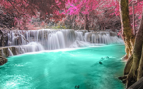 Waterfalls, forest, river, autumn, Waterfalls, Forest, River, Autumn, HD wallpaper HD wallpaper
