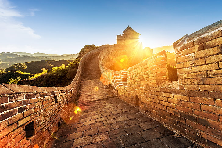 landscape, mountains, stay, blur, China, summer, bokeh, travel, The great wall of China, tourism, wallpaper., my planet, UK BC-1644г, walls, watchtower, one of the new seven wonders of the world, the morning rays of the sun, HD wallpaper