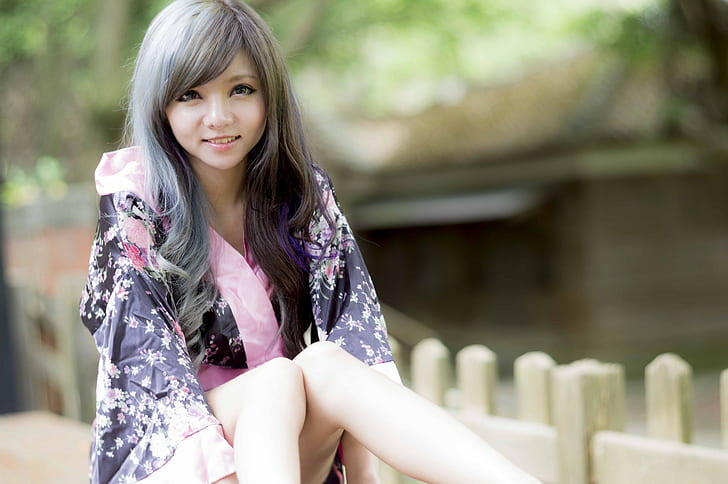 Asiatiska kvinnor, tittar på tittaren, långt hår, kimono, HD tapet