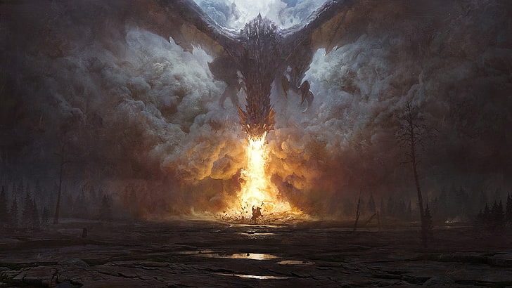 gray dragon, dragon, fire, smoke, trees, water, knight, horse, fantasy art, digital art, dark fantasy, HD wallpaper