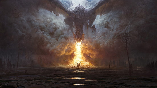 gray dragon, dragon, fire, smoke, trees, water, knight, horse, fantasy art, digital art, dark fantasy, HD wallpaper HD wallpaper