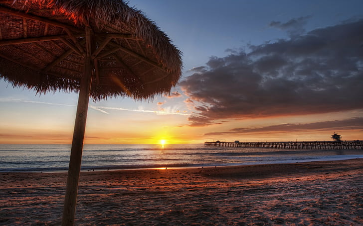 playa, puesta de sol, sombrilla, mar, muelle, cielo, Fondo de pantalla HD