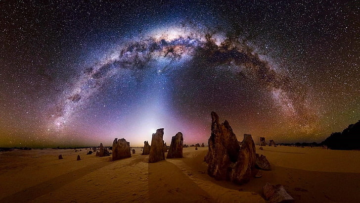 noc, iglica, skalne iglice, skała, park narodowy, park narodowy Nambung, Australia, szczyty, astronomia, pustynia, niebo, gwiaździste niebo, gwiazdy, krajobraz, nocne niebo, gwiaździsta noc, starrys, zjawisko, droga Mleczna, natura, Tapety HD