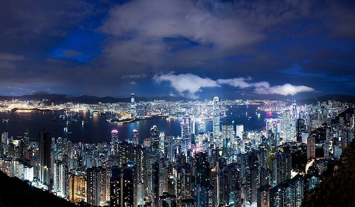Hong Kong, China, Noche, Metrópoli, Rascacielos, Luces, Azul, Cielo, Nubes, panorama, Ver, Elevación, Fondo de pantalla HD