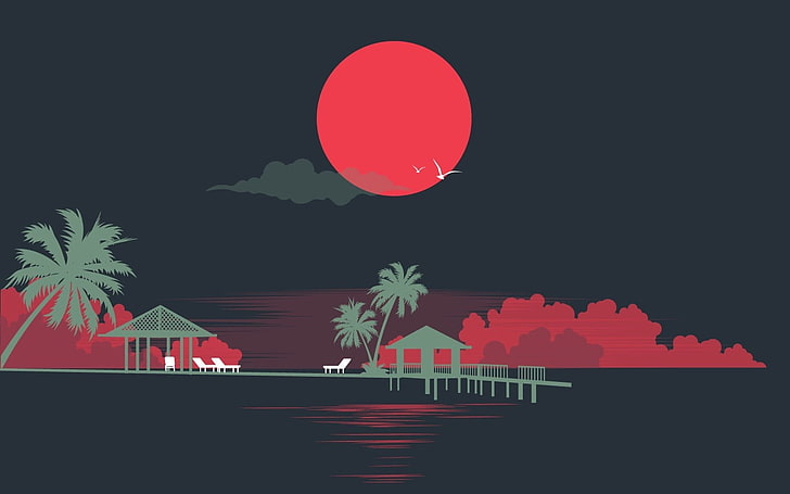 иллюстрация красной луны, цифровое искусство, произведение искусства, минимализм, серый фон, солнце, птицы, пальмы, шезлонги, пирс, море, облака, HD обои