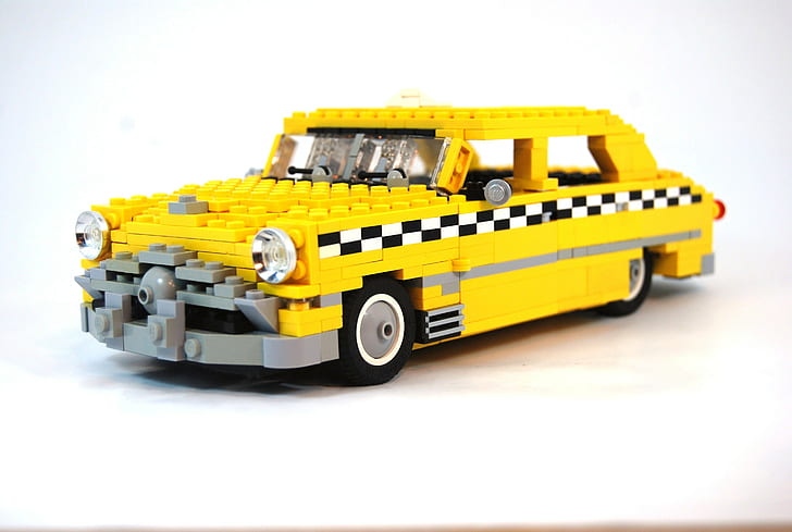 car, Checkered, Lego, taxi, White Background, Yellow Cars, HD wallpaper