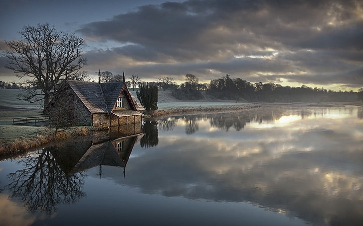 nature, landscape, frost, morning, cottage, clouds, trees, water, lake, reflection, Ireland, HD wallpaper