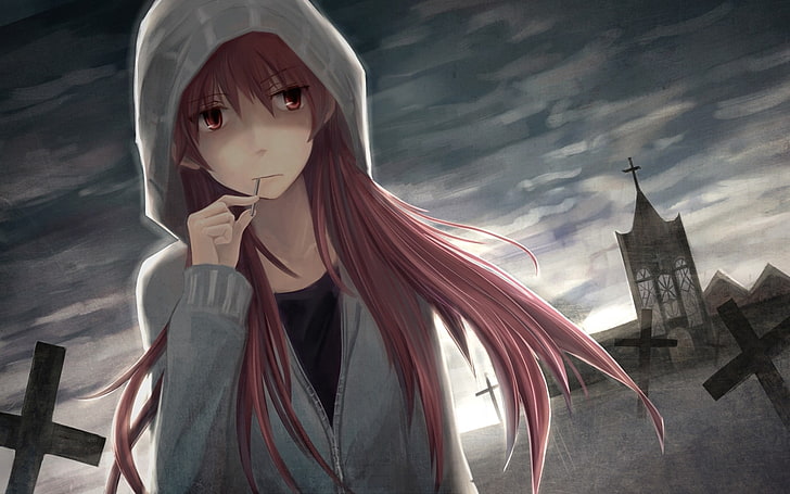 female anime character wearing gray jacket, girl, hood, cemetery, look, cloudy, HD wallpaper