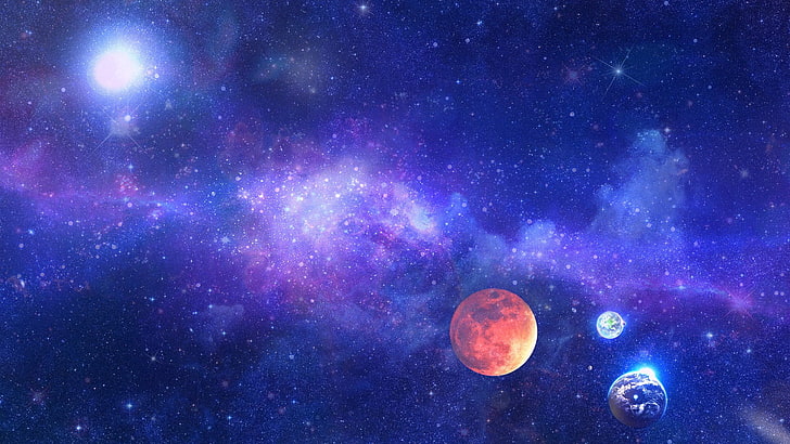 lunar eclipse digital art, digital art, universe, space, stars, planet, glowing, nebula, blue, HD wallpaper