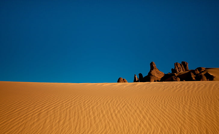 알제리 사막, 갈색 사막, 자연, 사막, 하늘, 파랑, 바위, 모래, 알제리, HD 배경 화면