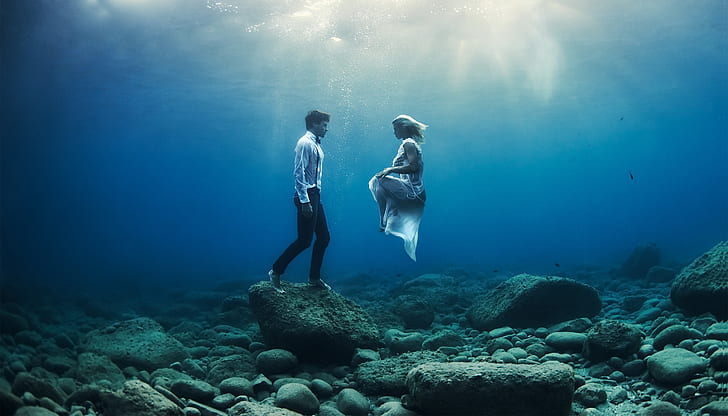 пара, мужчины, женщины, море, под водой, HD обои