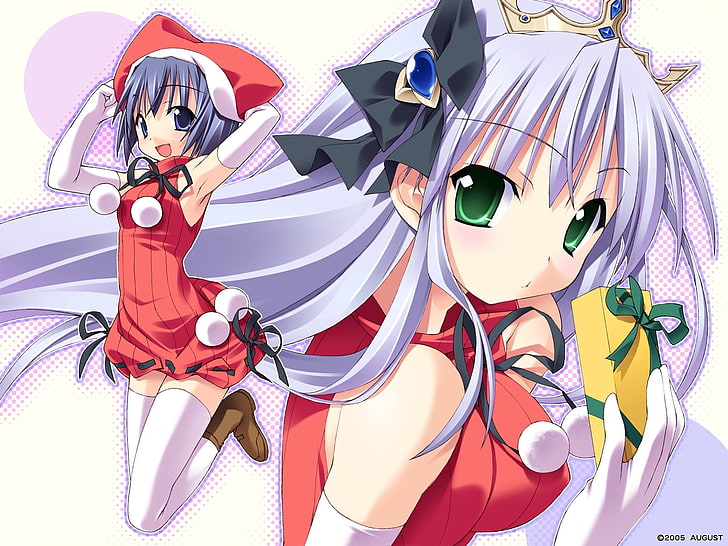 white haired female anime character illustration, girls, christmas costumes, gift, HD wallpaper