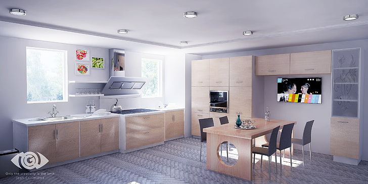 kabinet dapur putih dan abu-abu, dapur, interior, desain interior, modern, Wallpaper HD
