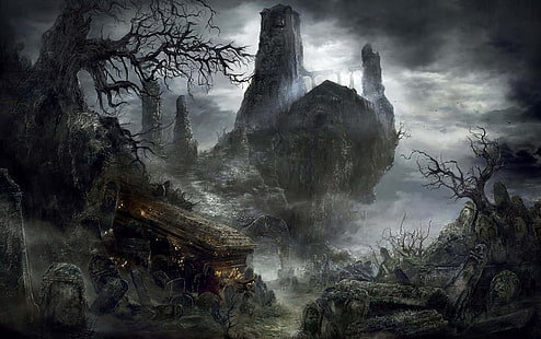 fond d'écran numérique de cimetière, Dark Souls III, Dark Souls, Gothique, sombre, jeux vidéo, chevalier, incendie, combats, épée, paysage, château, Fond d'écran HD HD wallpaper