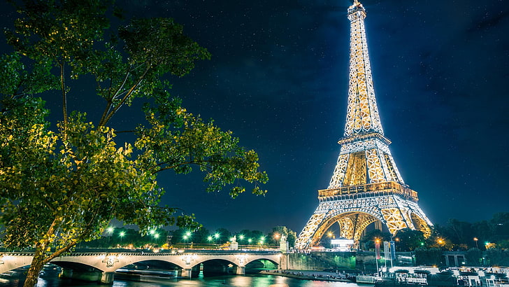сена, дърво, мегаполис, градски пейзаж, размисъл, река, столичен район, река сена, туристическа атракция, небе, Париж, забележителност, кула, звезди, звездна нощ, Айфелова кула, нощ, Европа, Франция, HD тапет