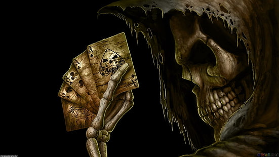 Szkielet gra w pokera, szkielet trzymający karty do gry plakat, zło, poker, karty, fantasy, 3d i abstrakcyjne, Tapety HD HD wallpaper