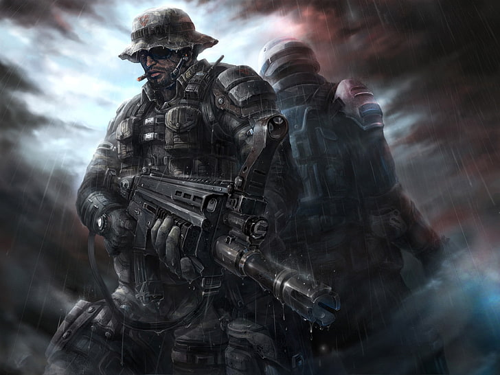 homme portant papier peint fusil d'assaut, dos, machine, soldats, cigare, forces spéciales, dos, Panama, le gilet, Fond d'écran HD