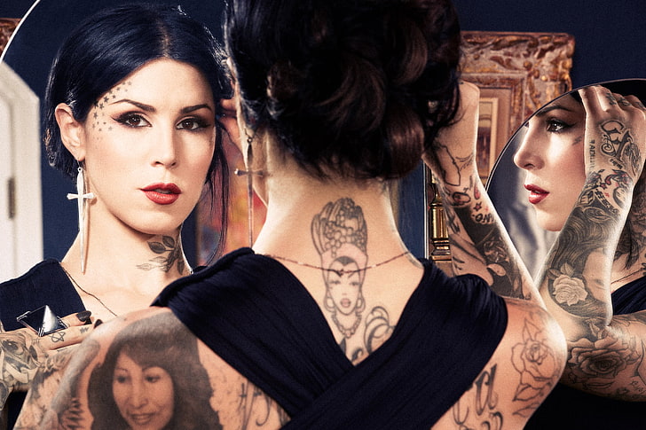 Kat Von D, women, tattoo, Tattoo Artist, face, mirror, reflection, inked girls, HD wallpaper