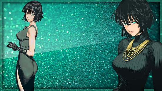 Anime, One-Punch-Mann, Schwarzes Haar, Kleid, Fubuki (One-Punch-Mann), Handschuh, Grün, Grünes Kleid, Grüne Augen, Halskette, Kurzes Haar, Lächeln, Frau, HD-Hintergrundbild HD wallpaper