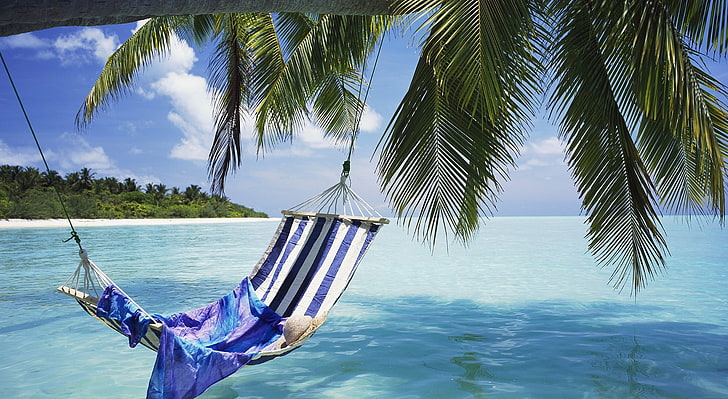 Hammock Maldives, white and blue hammock, Nature, Beach, Maldives, Hammock, HD wallpaper