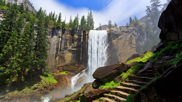 滝、春の滝、水域、階段、カリフォルニア、国立公園、アメリカ、アメリカ合衆国、断崖、春の滝、merc河、 HDデスクトップの壁紙