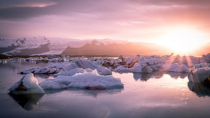 gletser, laguna, Islandia, Matahari, alam, lanskap, Jokulsarlon, Wallpaper HD