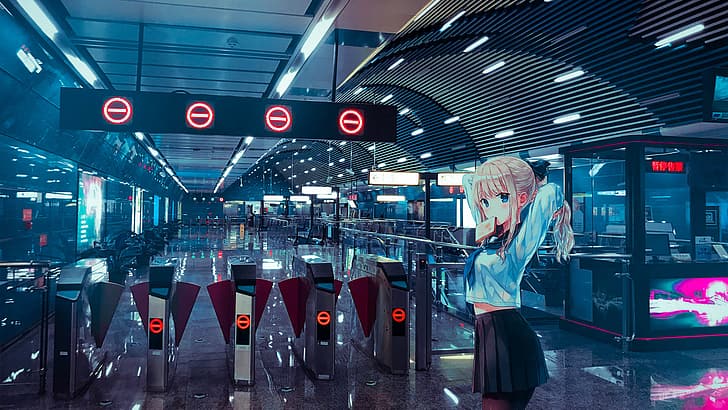 anime girls, anime, picture-in-picture, train station, HD wallpaper