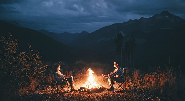 men's white long-sleeved shirt, vibes, landscape, campfire, camping, HD wallpaper