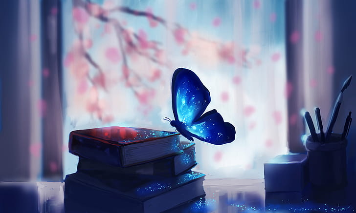Fantasía, Libros, Azul, Mariposa, 4K, Fondo de pantalla HD