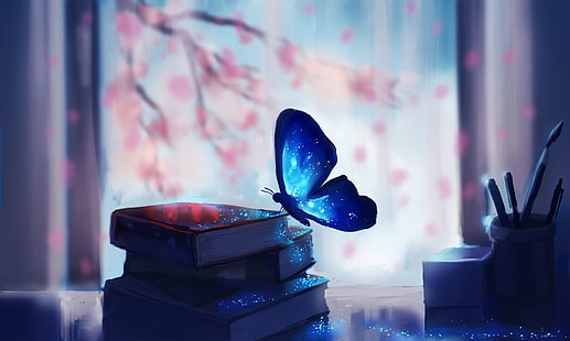 Фантазия, книги, синьо, пеперуда, 4K, HD тапет HD wallpaper