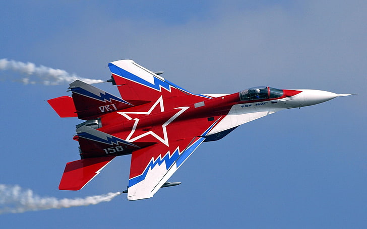Rosyjskie samoloty wojskowe Mig, czerwono-biały myśliwiec DRT 156, samoloty / samoloty, samoloty wojskowe, Tapety HD