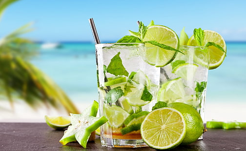 Tropical Cocktail With Lime, two clear rocks glasses and lemons, Food and Drink, HD wallpaper HD wallpaper