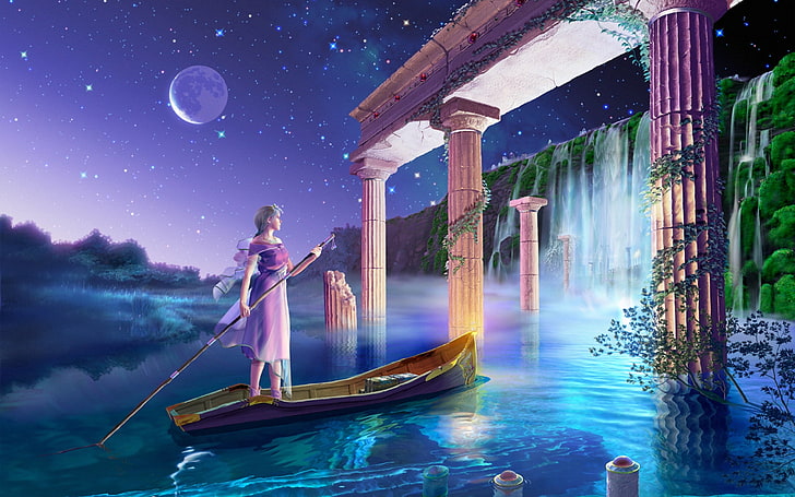woman standing on boat digital wallpaper, wave, water, girl, city, the city, glare, future, river, fiction, waterfall, stars, fantasy, arch, columns, CG wallpapers, princess, dreams, Yutaka Kagaya, Starry Tales, Back into the palace, rook, before the dawn, the pre-dawn twilight, Earthlight, Moon Gates, Earthrise, The return of the Princess to the Palace, Lunar Gate, Celestial Exploring, HD wallpaper