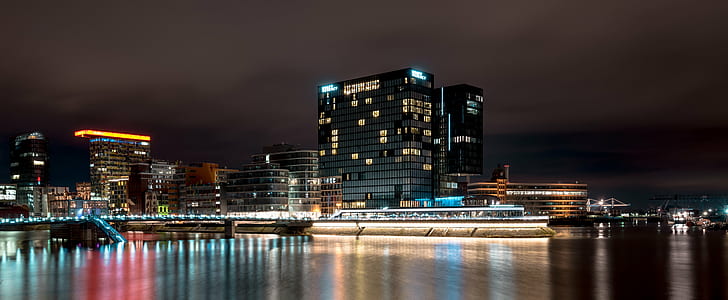 nightime photo of cityscape near body of water, germany, germany, Düsseldorf, Germany, photo, cityscape, body of water, D750, Deutschland, Hafen, River, Tamron, darkness, harbour, long exposure, nacht, night, port, angel, architecture, reflection, illuminated, urban Scene, urban Skyline, city, building Exterior, famous Place, built Structure, dusk, skyscraper, downtown District, office Building, modern, HD wallpaper